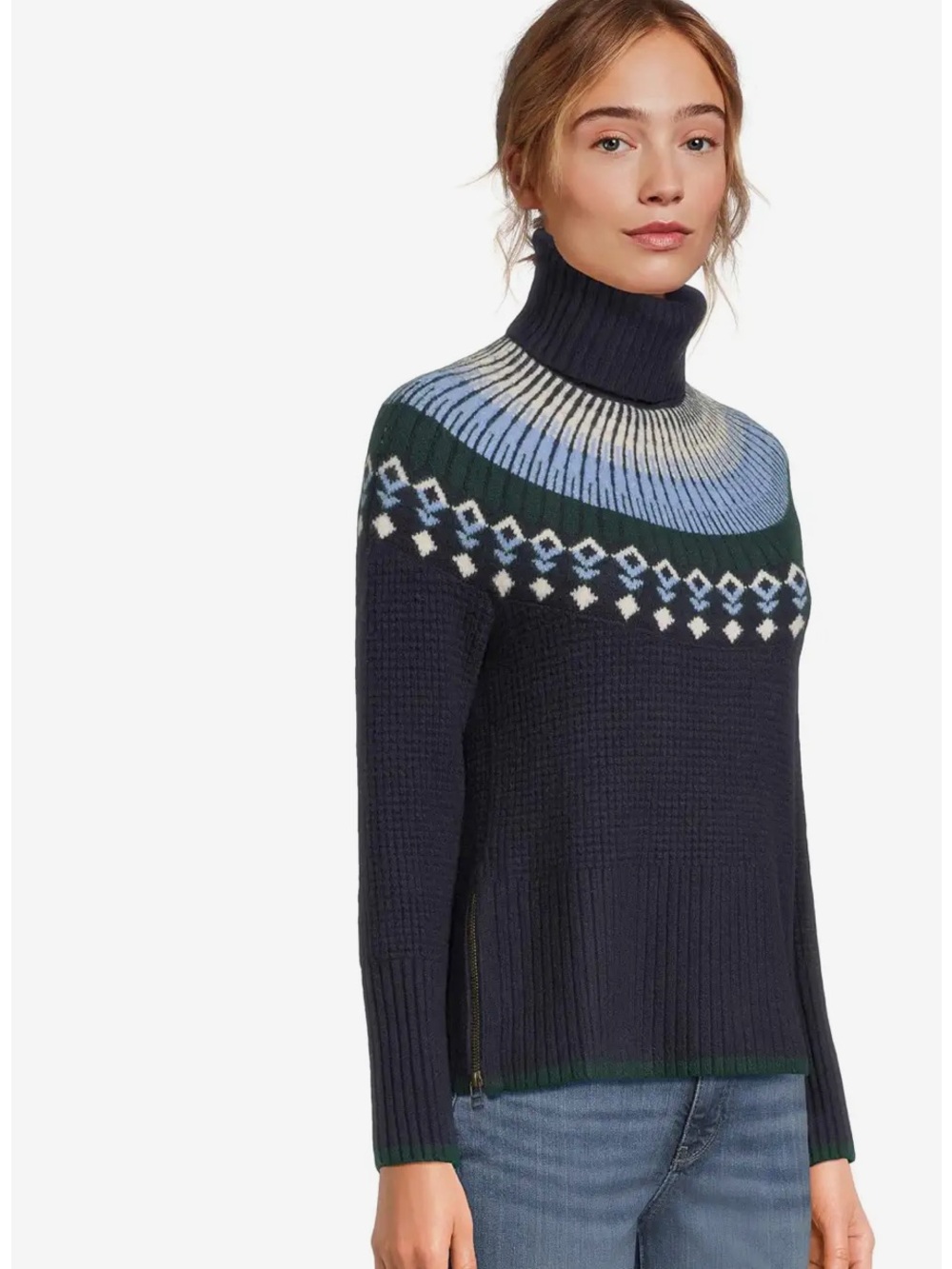 L.L. Bean SuperSoft Waffle Fair Isle Blue Turtleneck Sweater, NWT